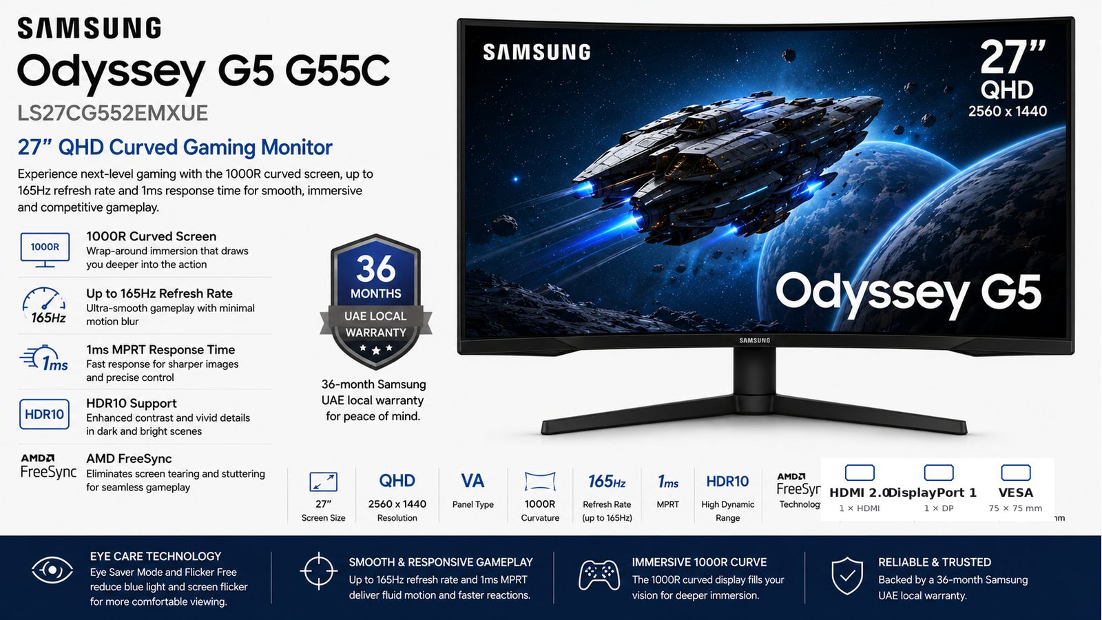 Samsung Odyssey G5 G55C LS27CG552EMXUE, 27-inch QHD 1000R Curved Gaming Monitor, VA, 165Hz, 1ms MPRT, HDR10, AMD FreeSync, HDMI, DisplayPort, Black, 3-Year Warranty | LS27CG552EMXUE